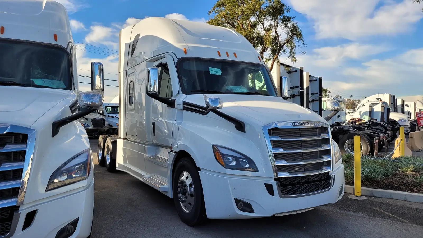 New white Freightliner Cascadia sleeper tractors parked on a truck dealer lot in Fontana, California